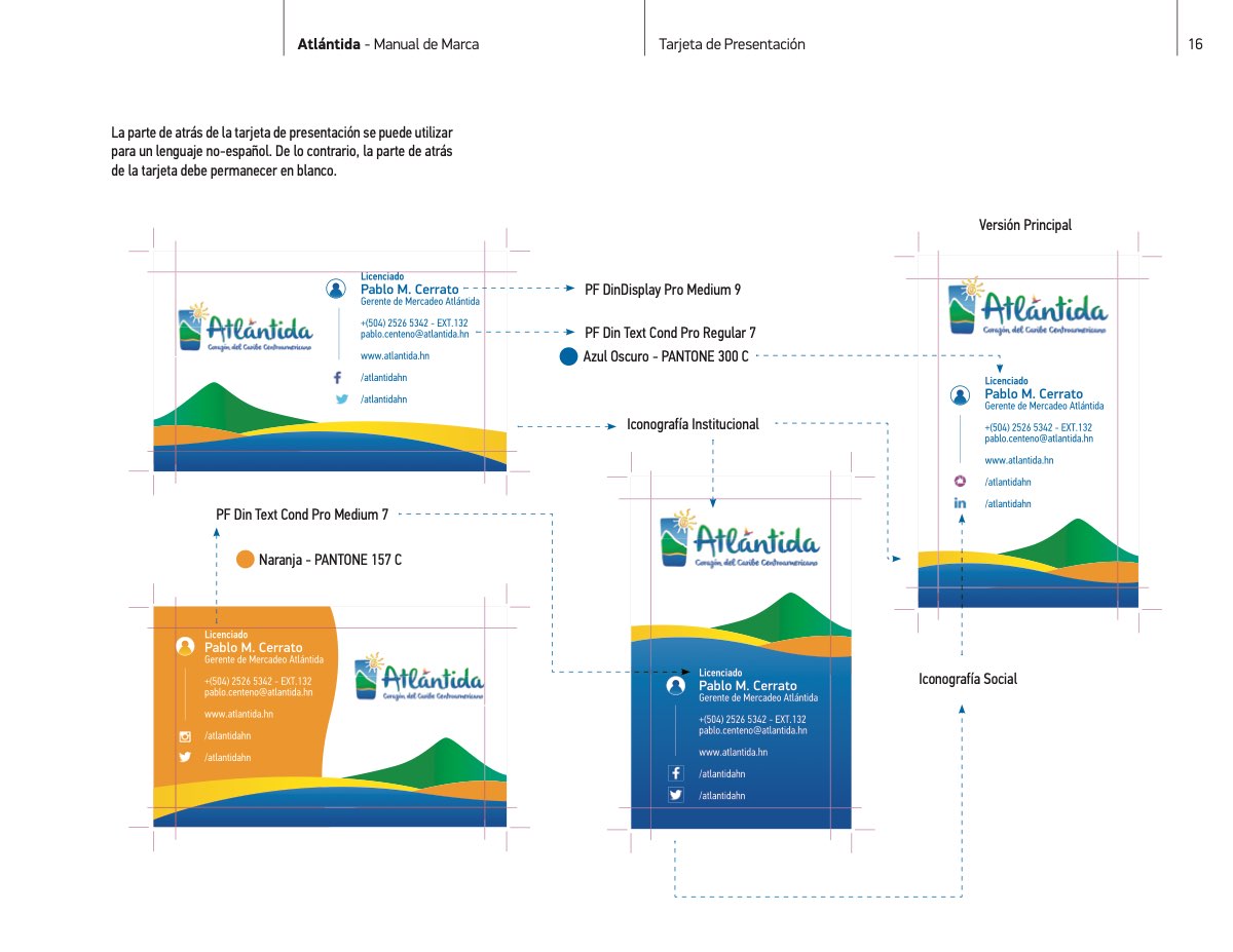 Page 16 of the Atlántida brand manual. Stationery: the business card and its layout.