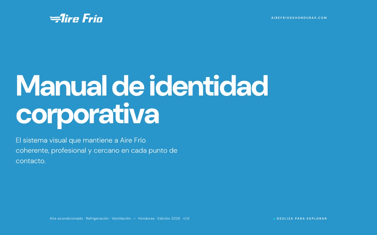 The cover of Aire Frío's corporate identity manual: the Aire Frío logo above the title “Manual de identidad corporativa”, in white on blue.