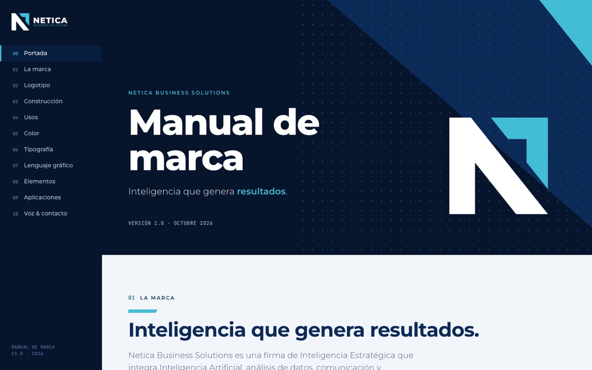 The cover of the Netica brand manual: “Manual de marca” and the line “Inteligencia que genera resultados.” beside the white N isotype, on navy.