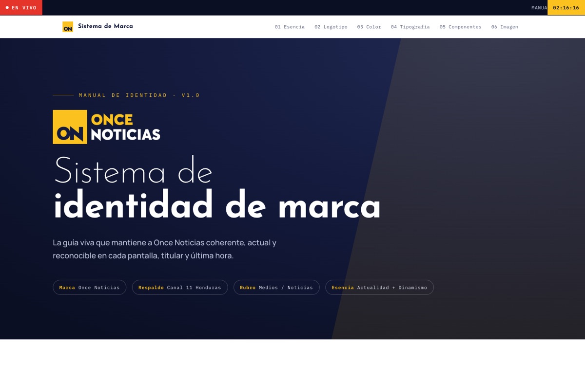 The cover of the Once Noticias brand system: the yellow ON logo above the title “Sistema de identidad de marca”.