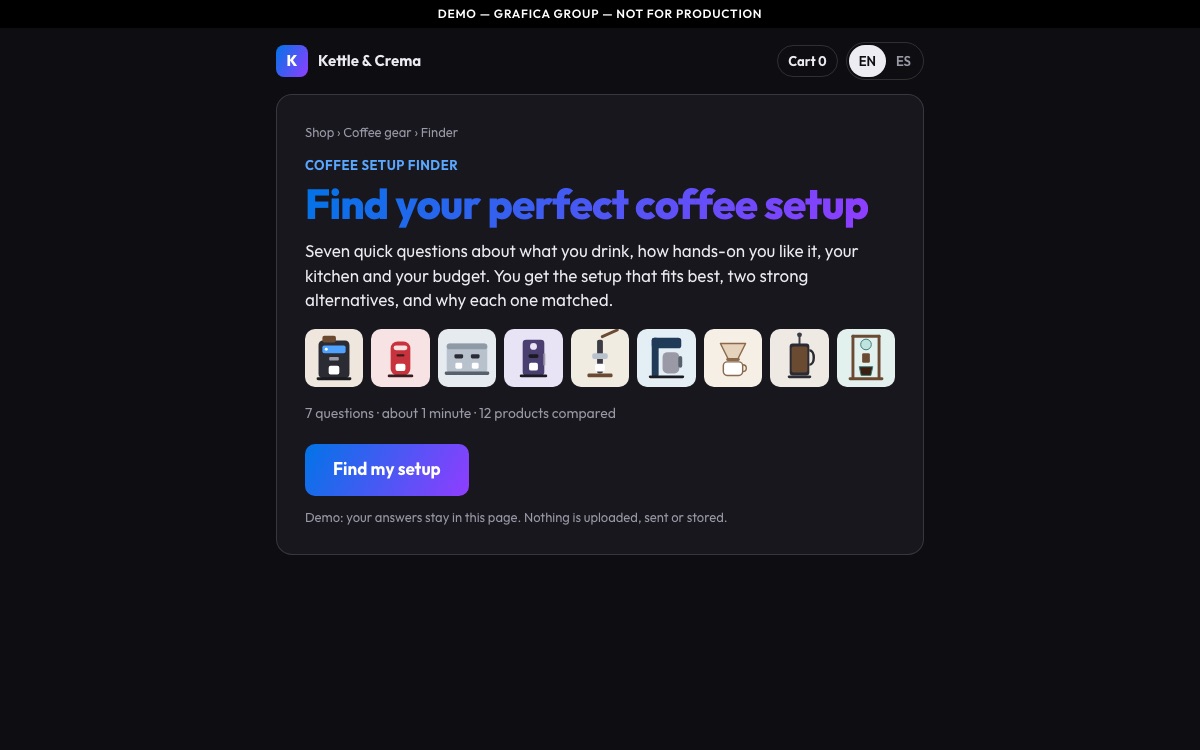 The Finder demo for Kettle & Crema, a fictional coffee shop: “Find your perfect coffee setup”, seven questions over a row of product icons.