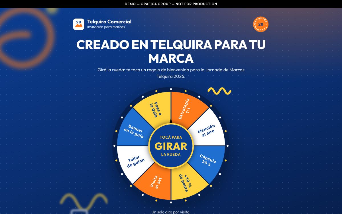 The Invitación demo for Telquira Comercial, a fictional channel's sales team: a wheel of eight welcome gifts for brands under “Creado en Telquira para tu marca”.