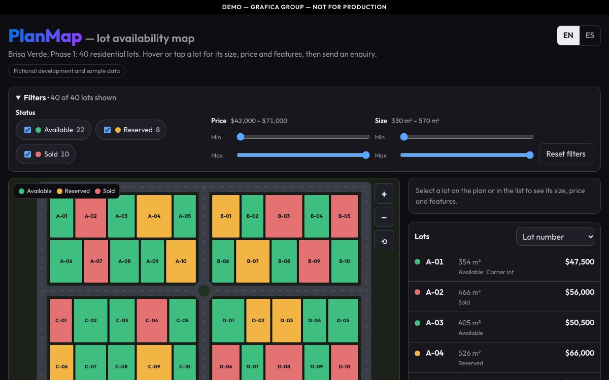 The PlanMap demo for Brisa Verde, a fictional development: a site plan of 40 lots coloured available, reserved or sold, with filters and a lot list.