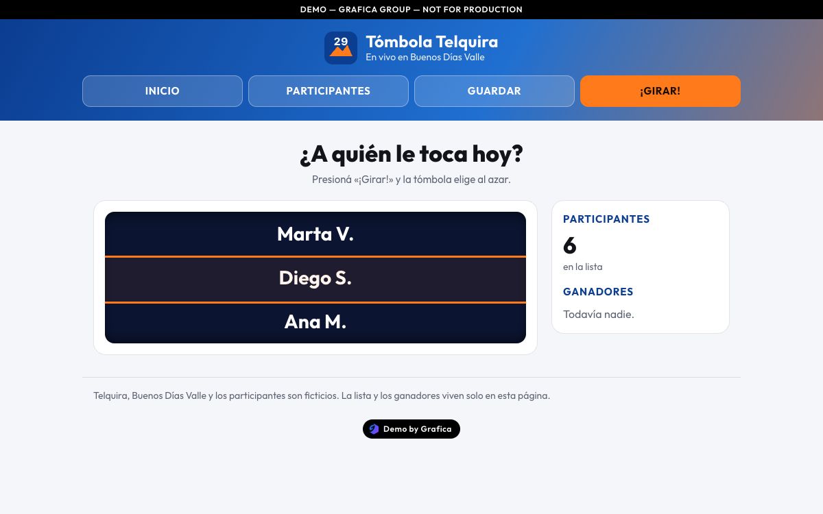 The Tómbola demo for Telquira, a fictional channel: a draw reel showing three of six fictional entrants under “¿A quién le toca hoy?”, beside the entrant count and an empty winners list.