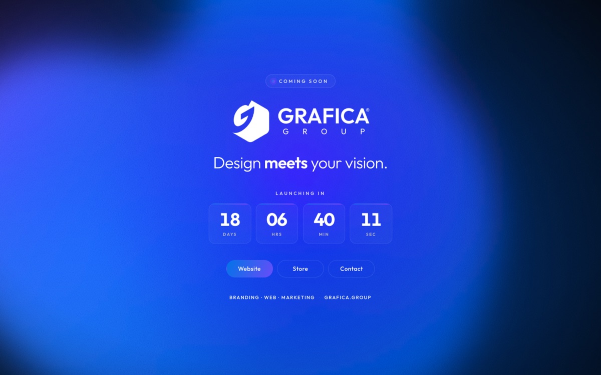 The Grafica Group coming-soon page: the logo and the line “Design meets your vision.” above a launch countdown and three buttons, on a blue ground.