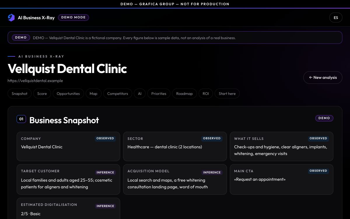 The X-Ray demo's report for Vellquist Dental Clinic, a fictional company: the Business Snapshot section, with each finding marked observed or inference.