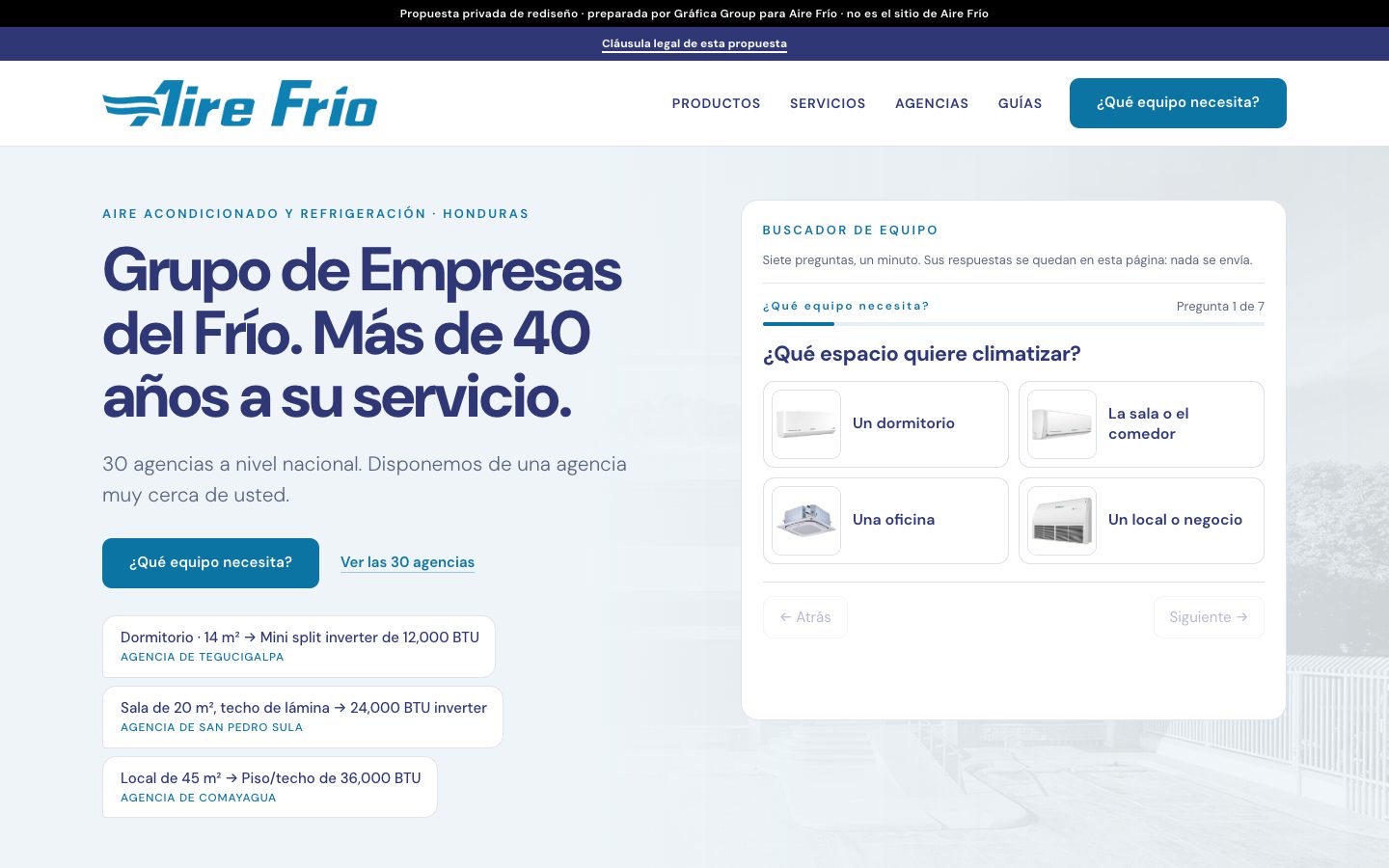 The Aire Frío homepage proposal: the headline “Grupo de Empresas del Frío. Más de 40 años a su servicio.” beside a card asking “¿Qué espacio quiere climatizar?” with four rooms to choose from, under the logo in blue.