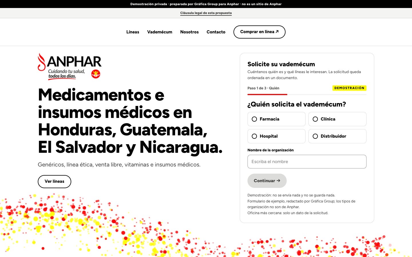 The Anphar homepage proposal: the logo above “Medicamentos e insumos médicos en Honduras, Guatemala, El Salvador y Nicaragua.”, a three-step “Solicite su vademécum” form beside it, red and yellow dots streaming along the foot.