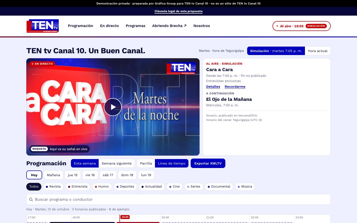 The TEN tv Canal 10 homepage proposal: the player showing “Cara a Cara” beside an on-air card, and below them the week's programme guide with day tabs, genre chips and a timeline.