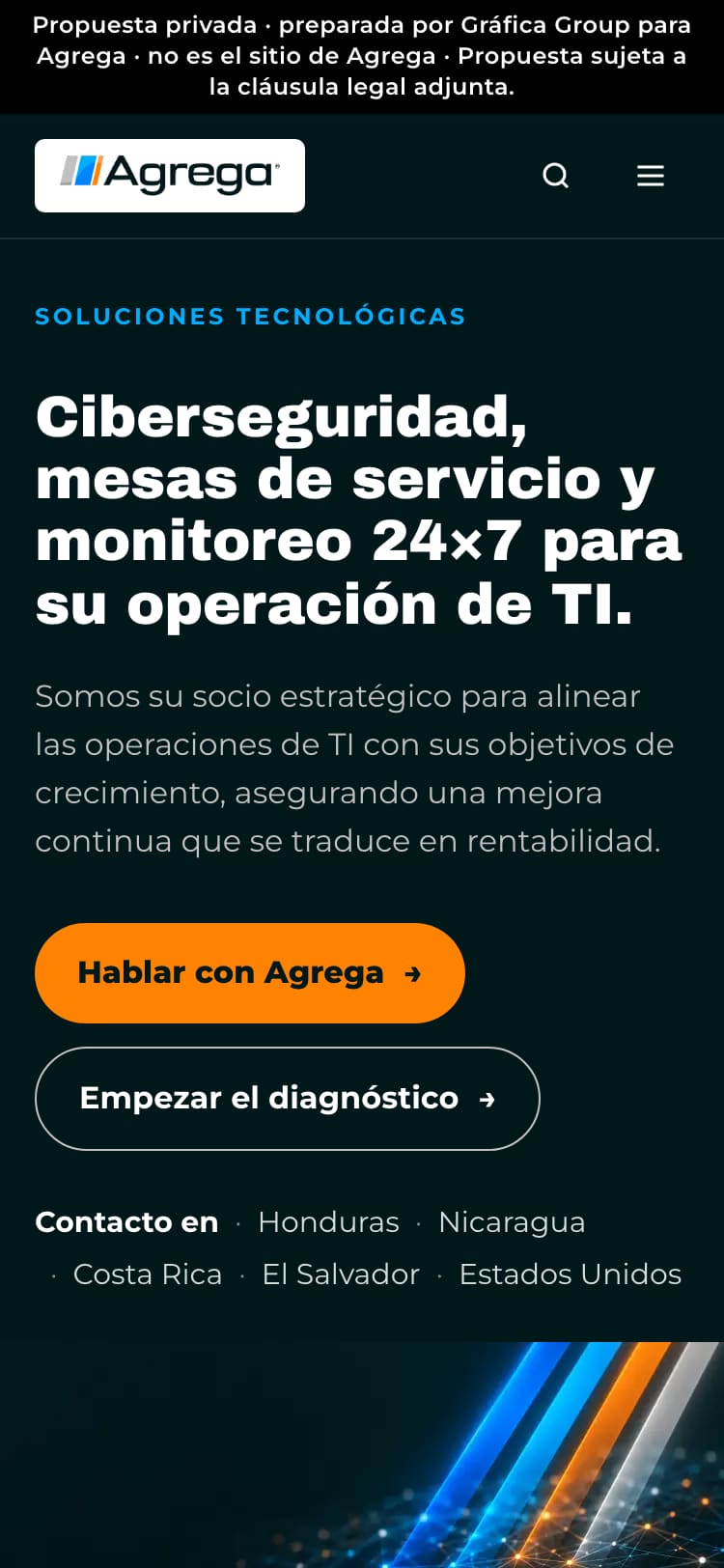 E2 on a phone: Consola carried into the full homepage, the same dark hero with the five countries under the buttons.