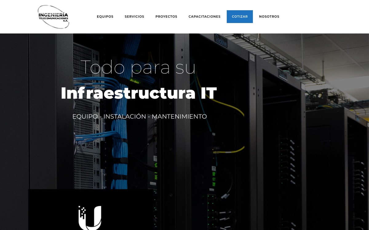 The krakens.net home page as captured: the Ingeniería Telecomunicaciones S.A. logo and “Todo para su Infraestructura IT — Equipo, Instalación, Mantenimiento” over a server room, with part of a Ubiquiti logo at the lower left.