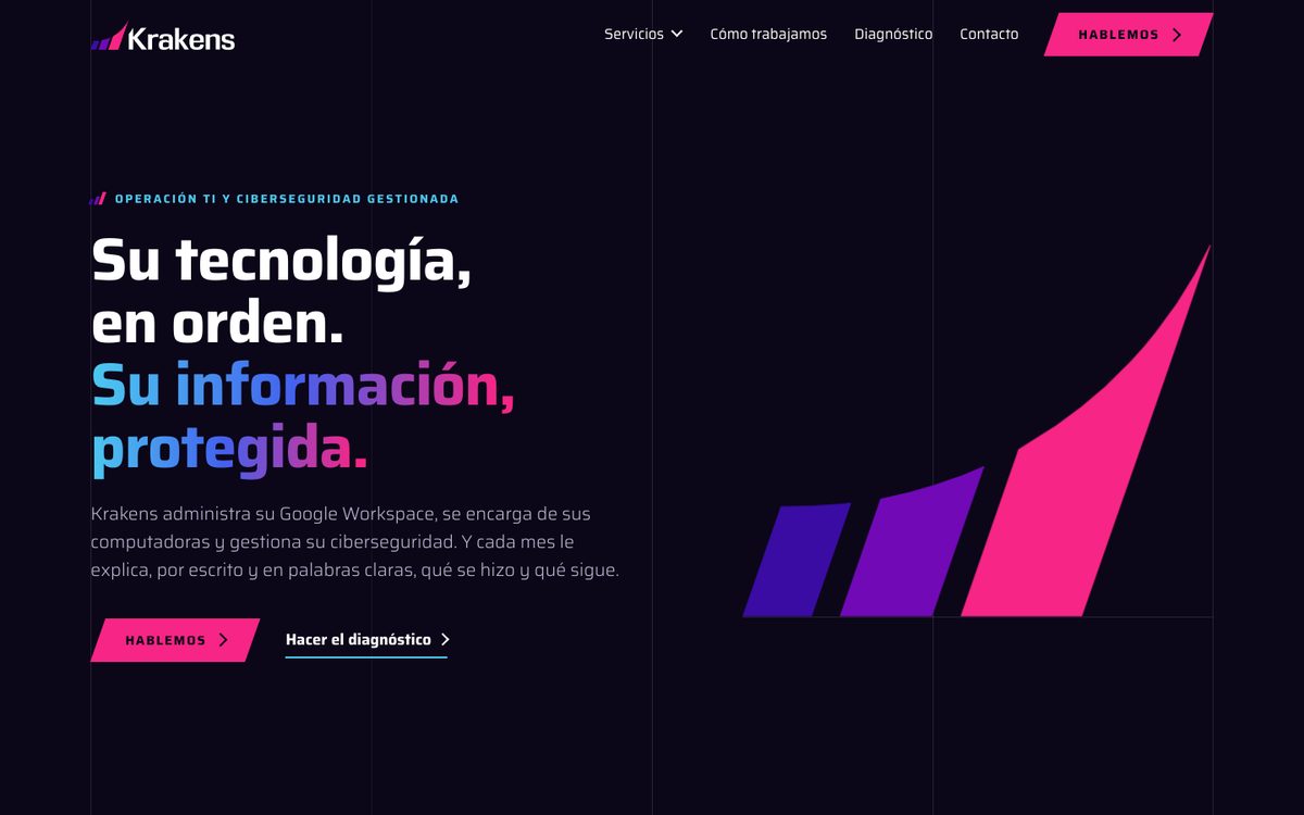 The krakens.net home page: the Krakens logo, the menu Servicios, Cómo trabajamos, Diagnóstico and Contacto, and the headline “Su tecnología, en orden. Su información, protegida.” beside three rising bars in violet, purple and pink on near-black.