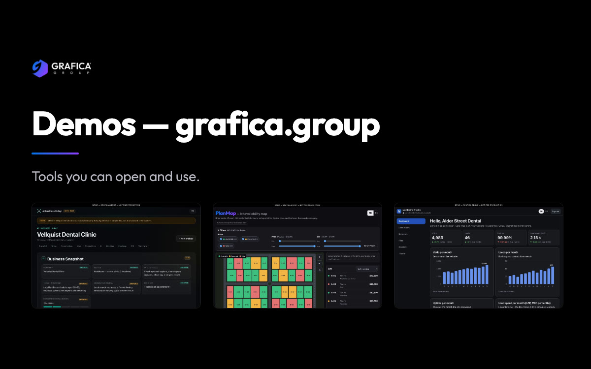 The demos page's sharing image: the Grafica Group logo, the title “Demos — grafica.group”, the line “Tools you can open and use.” and screenshots of three demos, AI Business X-Ray, PlanMap and a dashboard.