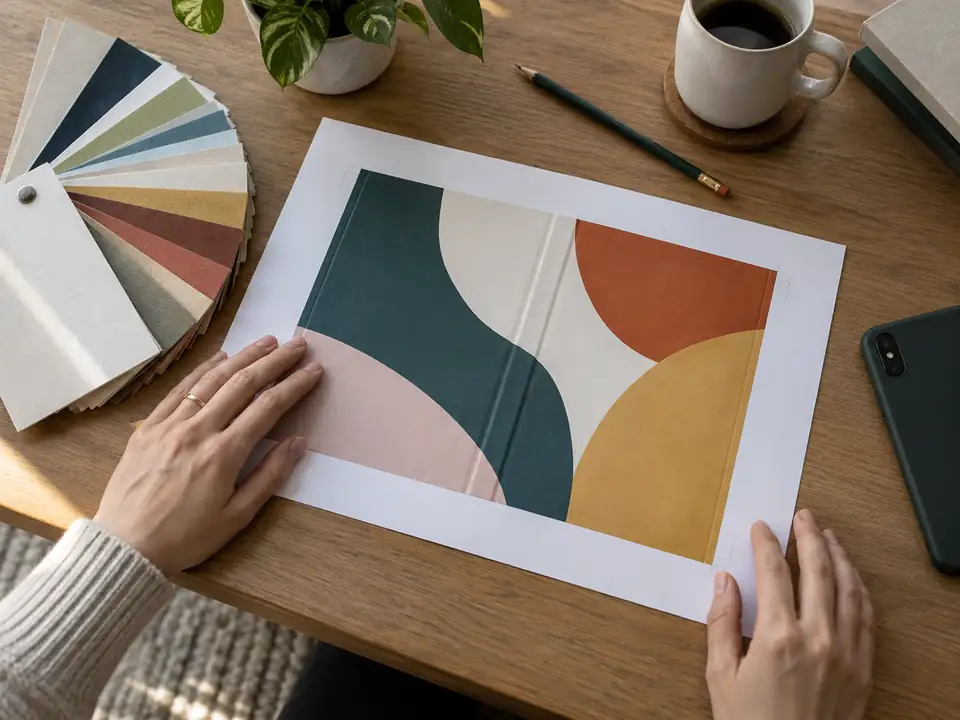 Escritorio con una prueba impresa de portada con formas de color, un abanico de muestras de papel, un teléfono boca abajo y dos manos