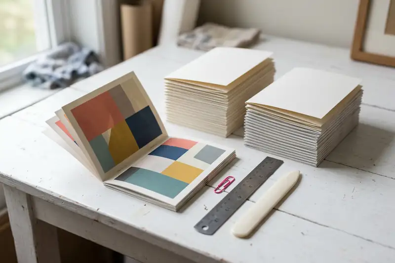 Mesa blanca con tarjetas y un folleto recién impresos, una regla de acero y una plegadera